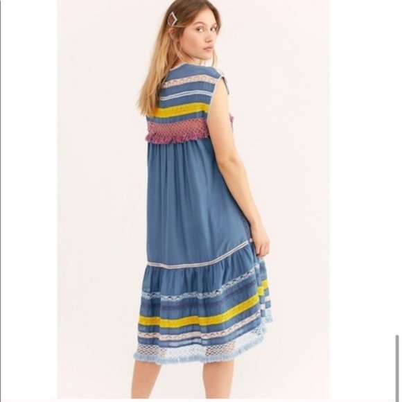 Free People Crochet Lace Boho Midi Dress Blue Pink - Picture 7 of 9